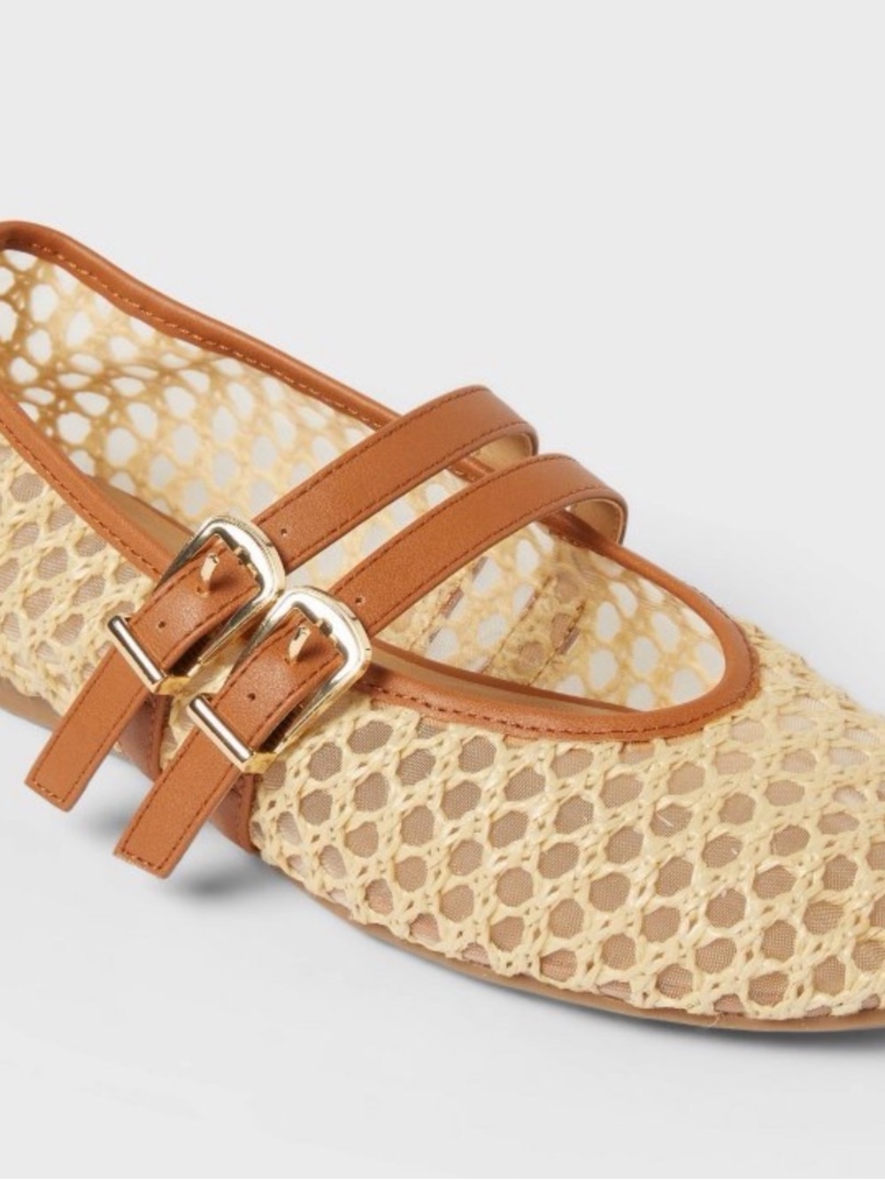 Universal Thread Cream Woven Flats with Brown Leather Double Straps